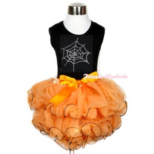 Halloween Black Baby Pettitop with Sparkle Crystal Glitter Spider Web Print with Orange Bow Orange Petal Baby Pettiskirt NG1237 